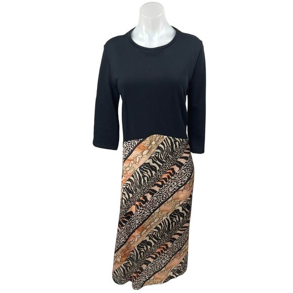 Zara Black Multicolor Animal Print Long Sleeve Leopard Zebra Midi Dress Size L - Picture 6 of 9